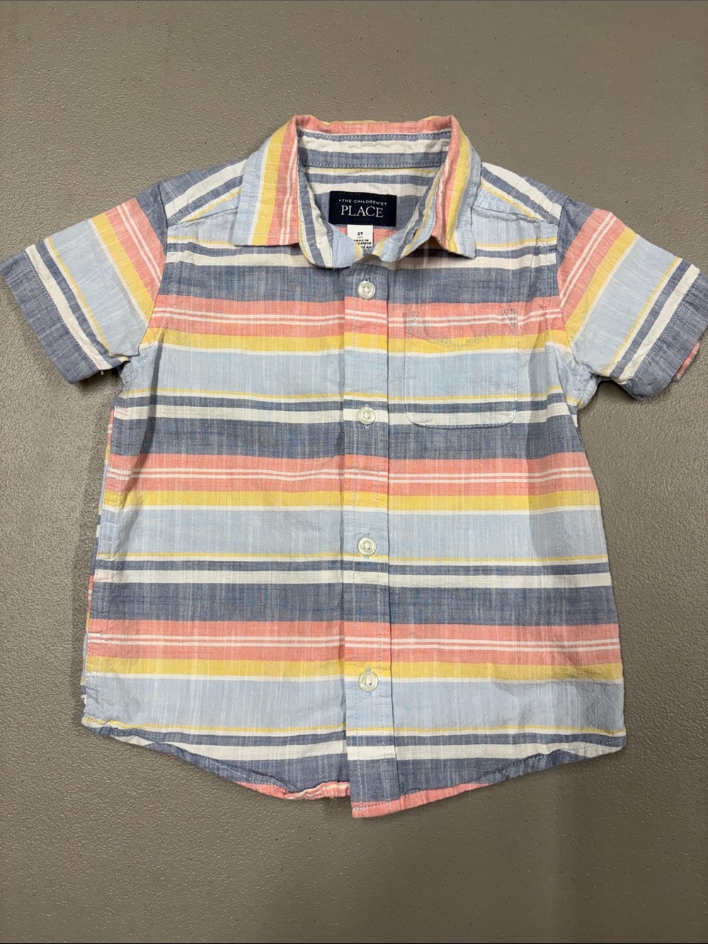 The Children's Place Blue Stripe Button-Up Shirt with Coral Shorts - Picture 2 of 6